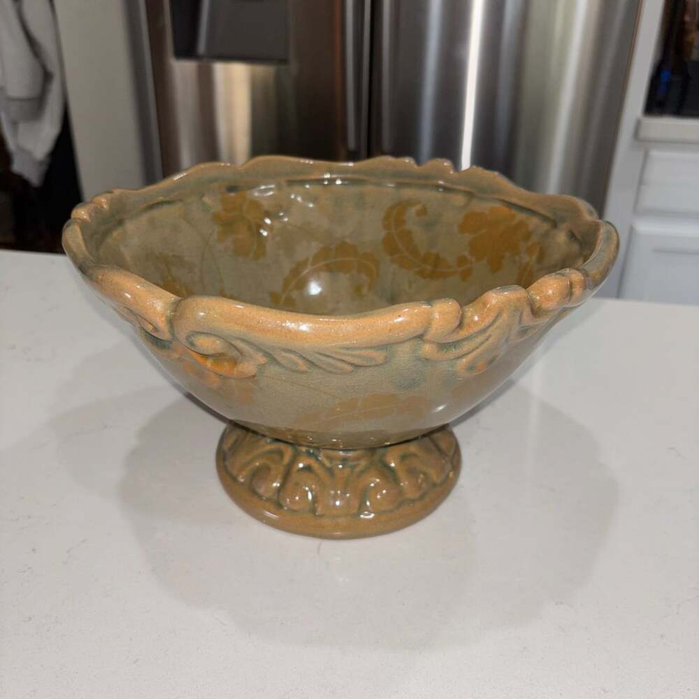Ceramic Pedestal Planter Bowl Scalloped Leaf Glazed Vintage